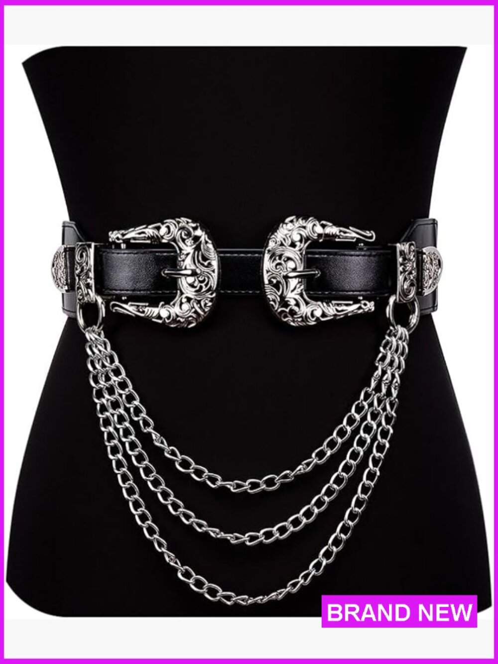 Vintage Western Leather Belt Double Buckle Chain Adjustable Elastic Y2K - Picture 1 of 6